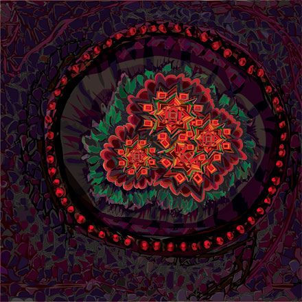 Mandala-like shape with orange flowers like hot coals surrounded with green amid glowing red pips