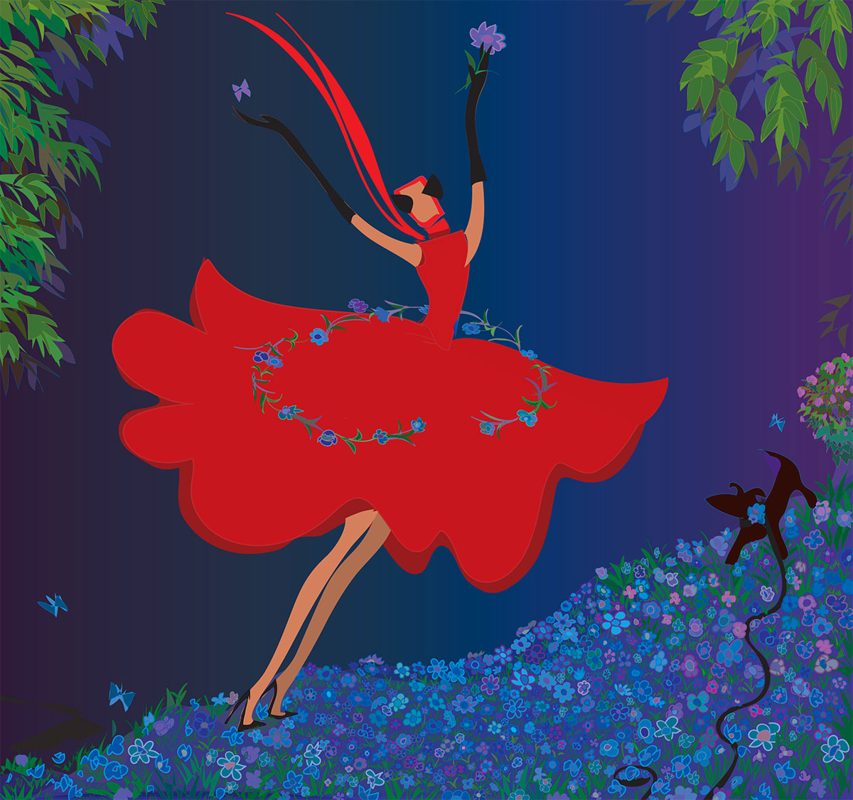 woman in red dress jumping for joy at night