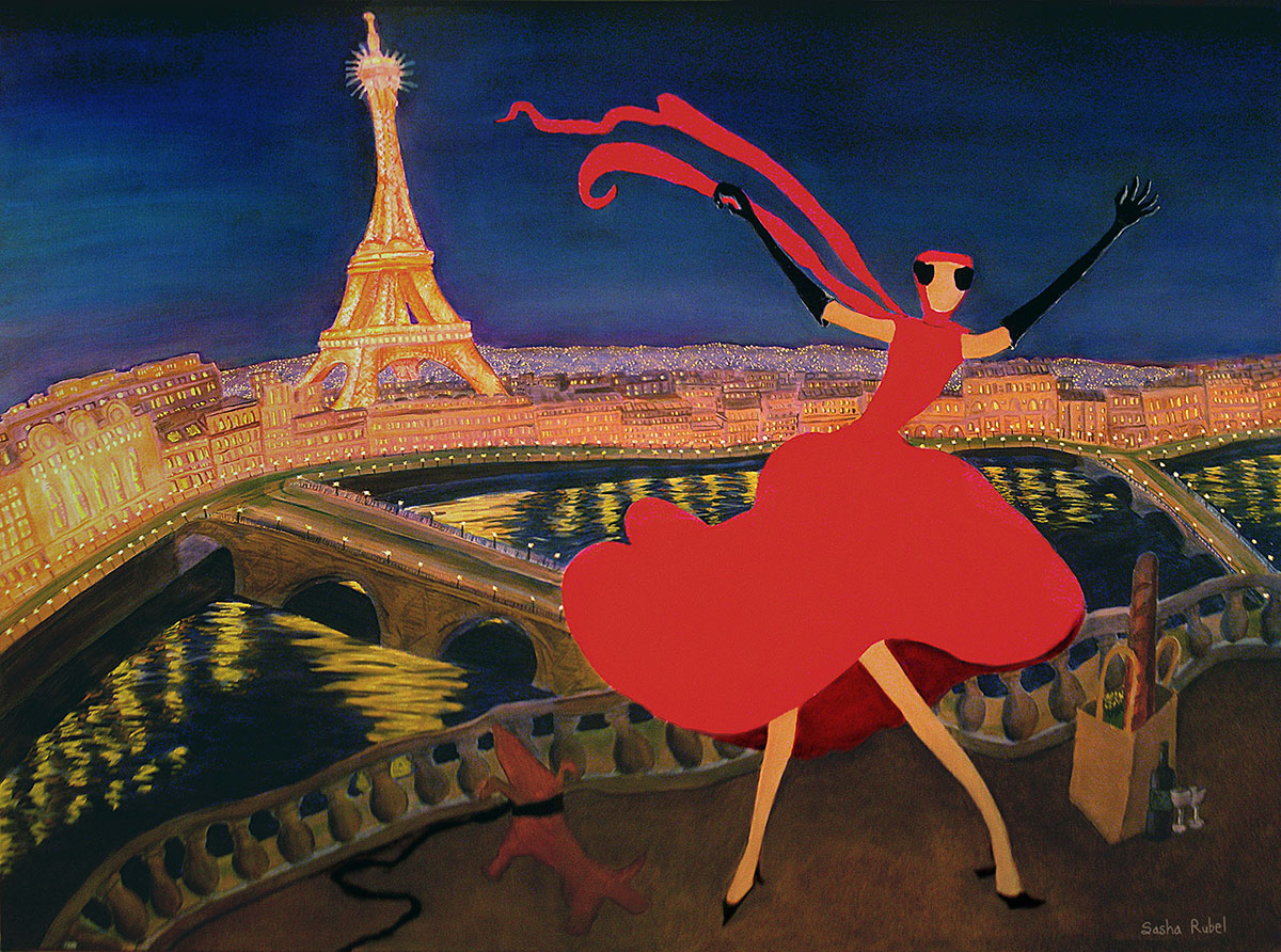 woman in red with Eiffel Tower in background