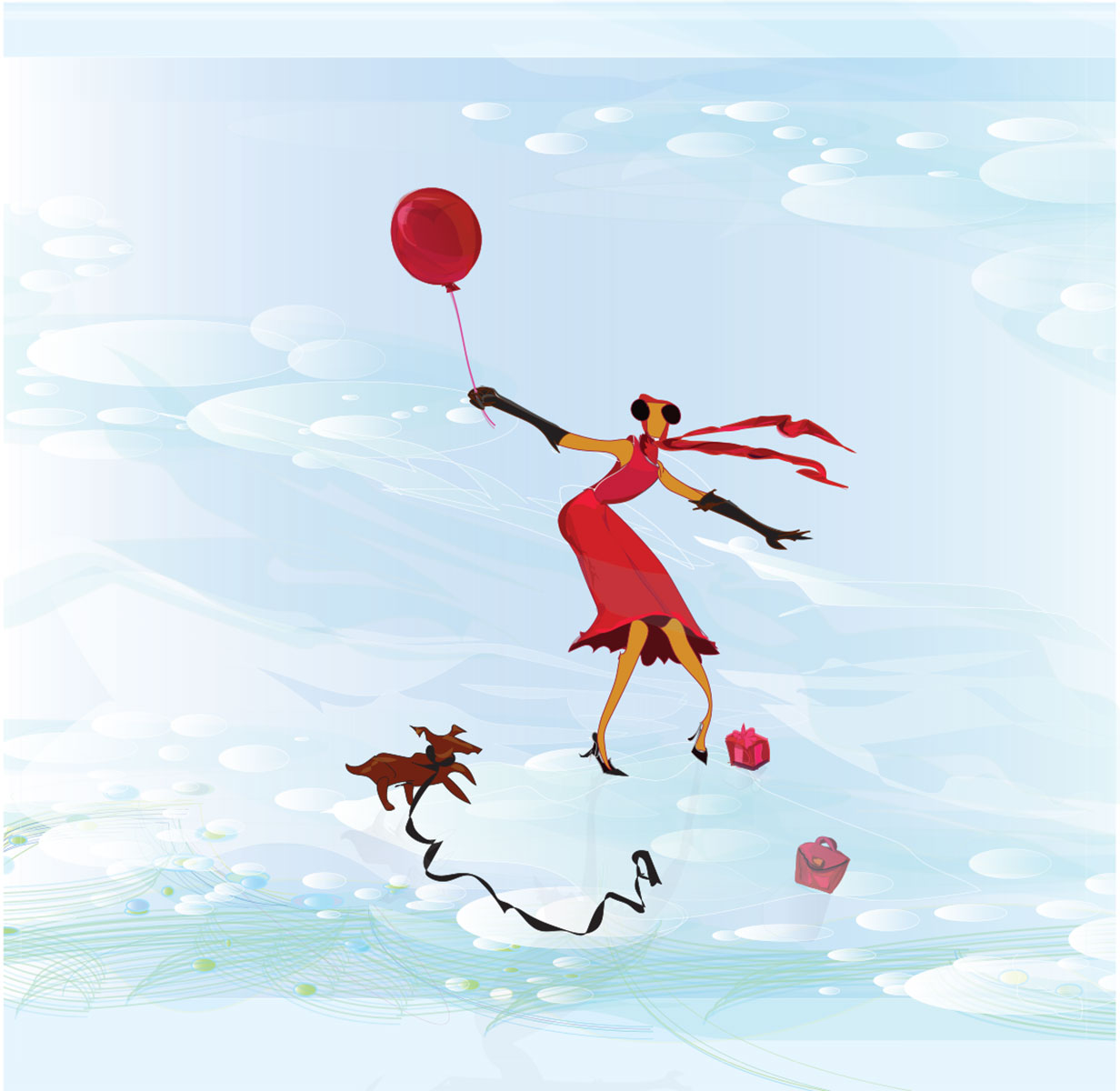 woman in red holding balloon on windy day