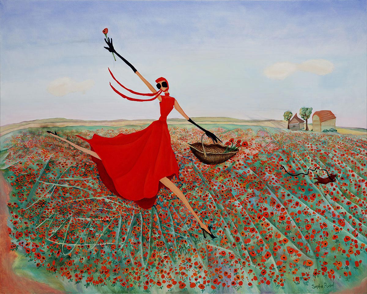 woman in red dess jumping in field of red poppies