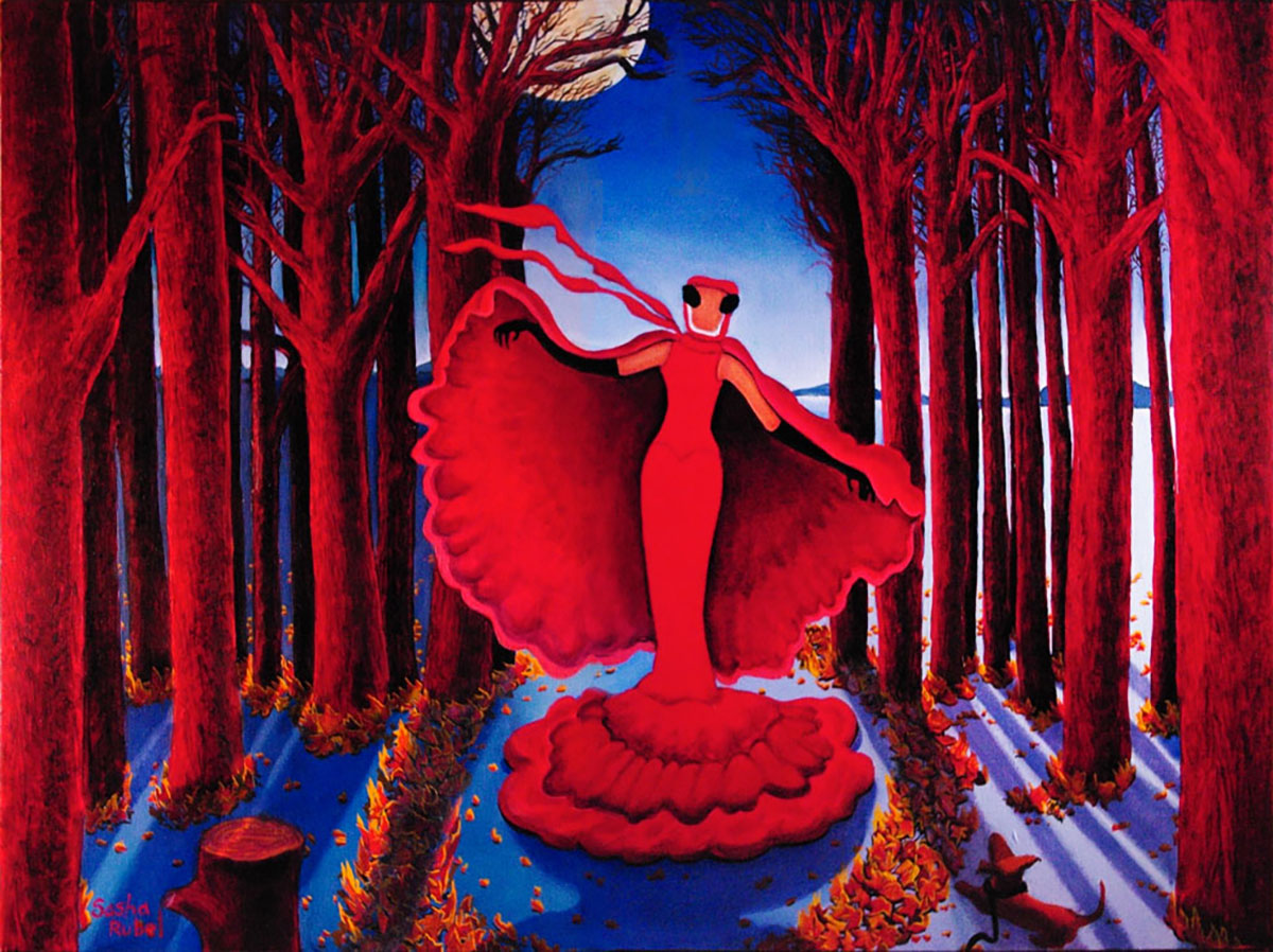 woman with red cape in night time forest