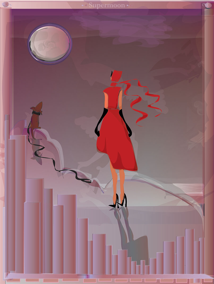 Woman in red dress facing moon her dog at her side